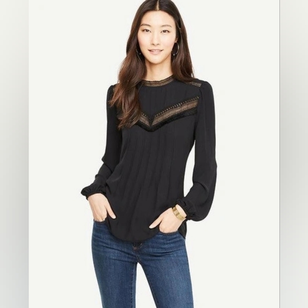 Ann Taylor Lace Trimmed Mockneck Black Blouse Size Medium